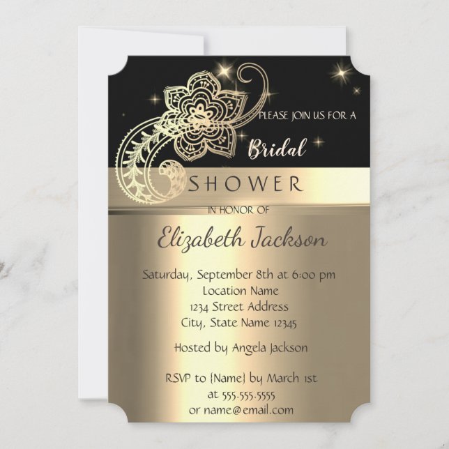 Invitation Elégant Chic Black, Gold Paisley Fête des mariées (Devant)