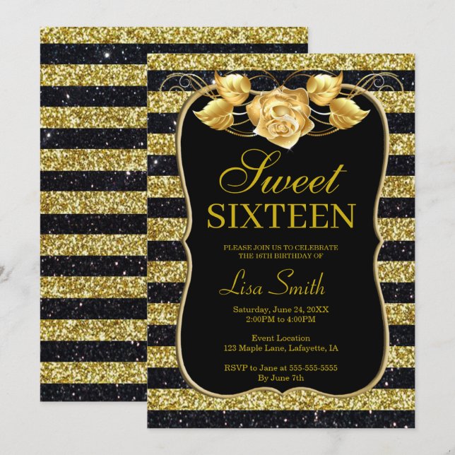 Invitation Élégant Chic Black Gold Parties scintillant Rose S (Devant / Derrière)