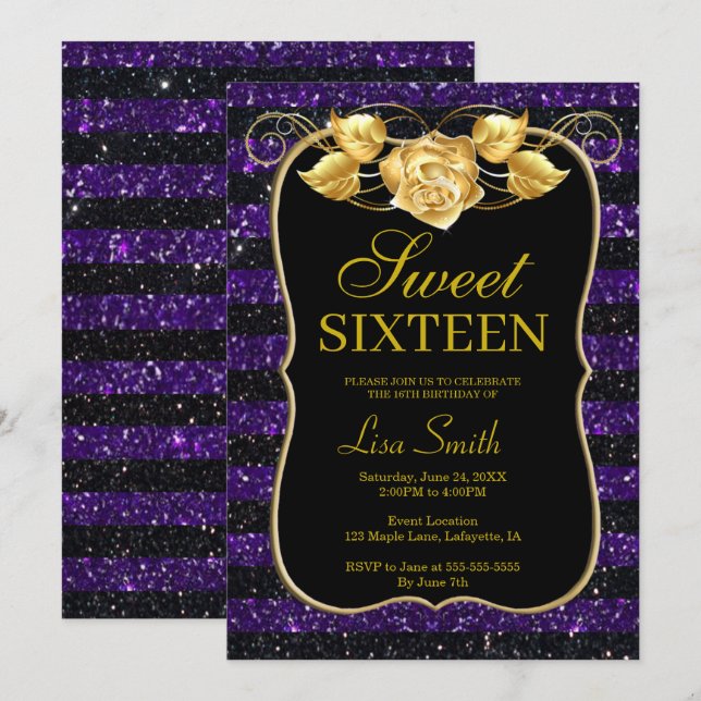 Invitation Élégant Chic Black Purple Parties scintillant Rose (Devant / Derrière)