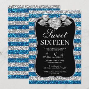 Invitation Elégant Chic Bleu Argent Parties scintillant Rose