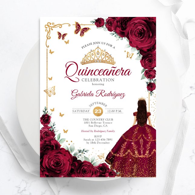 Invitation Elégant Chic Bourgogne Rose Gold Quinceanera (Créateur téléchargé)