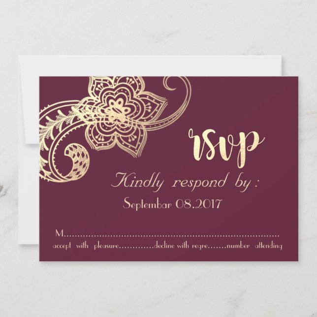 Invitation Élégant Chic Doré Paisley  RSVP (Devant)