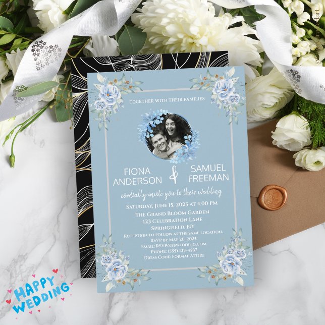 Invitation Elégant Chic Dusty Blue Gold personnalisé mariage (Créateur téléchargé)