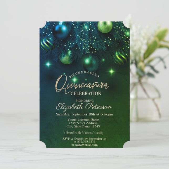 Invitation Élégant chic élégant ornements Green Quinceañera (Debout devant)