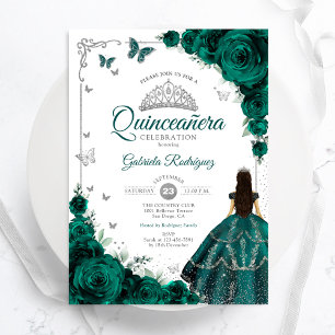 Invitation Élégant Chic Emerald Green Floral Quinceanera