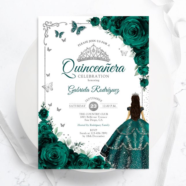 Invitation Élégant Chic Emerald Green Floral Quinceanera (Créateur téléchargé)