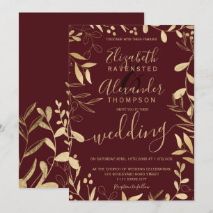 Invitation Élégant chic feuille or bouillon mariage floral bo