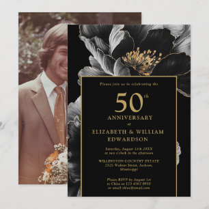 Invitation Élégant Chic Fleur Black And Gold Photo 50e Annive