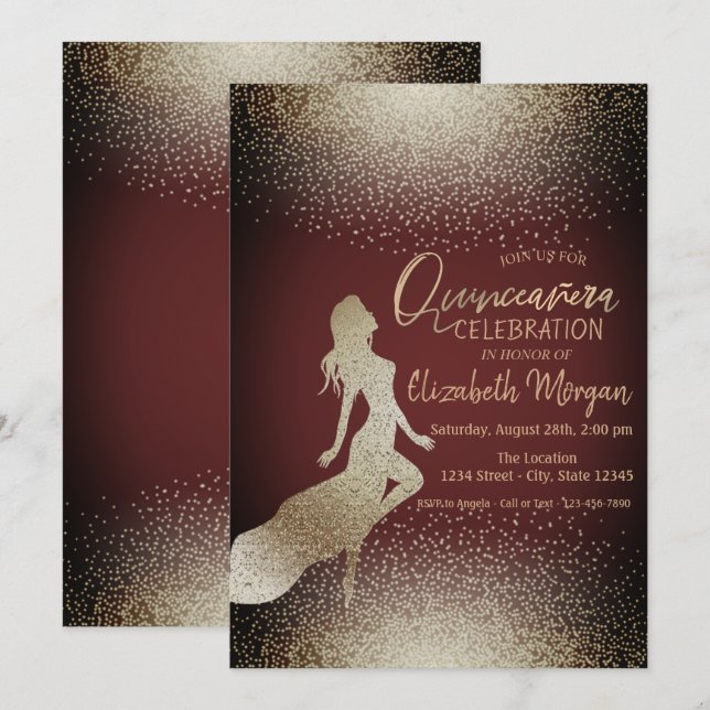 Invitation Elegant Chic Girl Silhouette, Confetti Quinceañera (Devant / Derrière)
