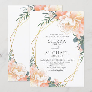 Invitation Élégant Chic Gold Blush Peach Mariage floral crème