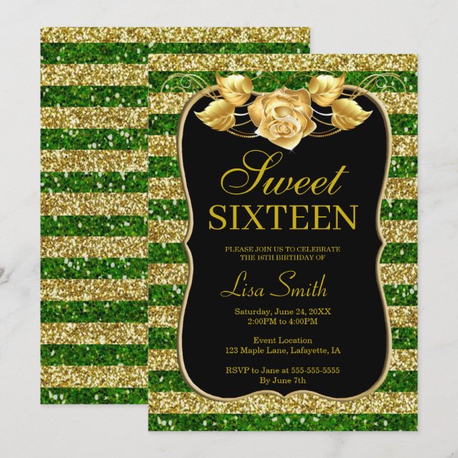 Invitation Elégant Chic Gold Green Parties scintillant Rose S (Devant / Derrière)