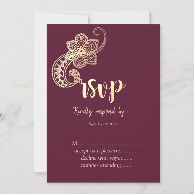 Invitation Elegant Chic Gold Paisley RSVP (Devant)