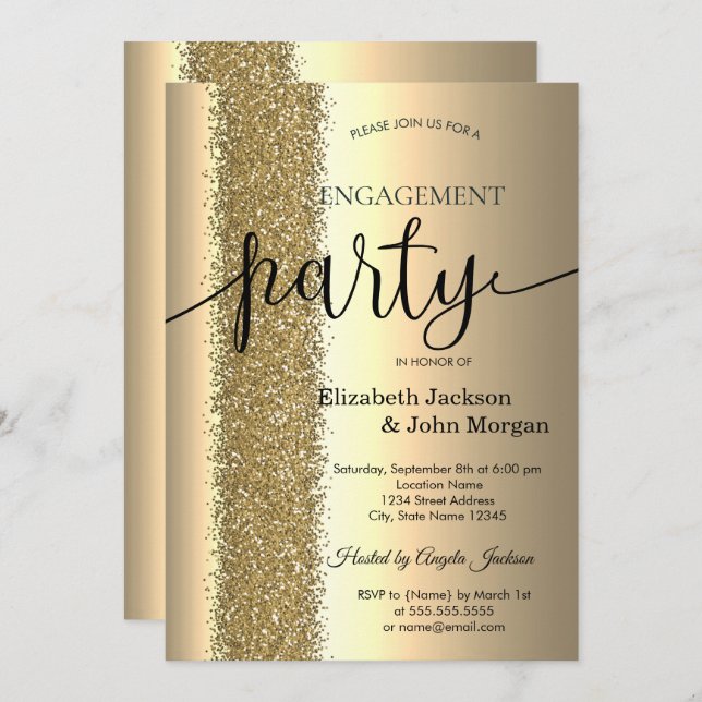 Invitation Elegant Chic Gold Parties scintillant Fiançailles  (Devant / Derrière)