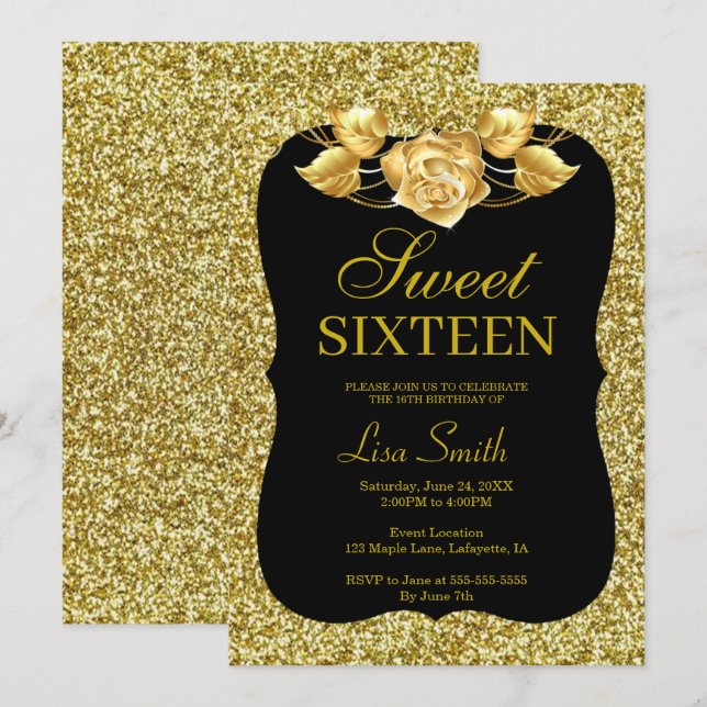 Invitation Elégant Chic Gold Parties scintillant Rose Or Swee (Devant / Derrière)