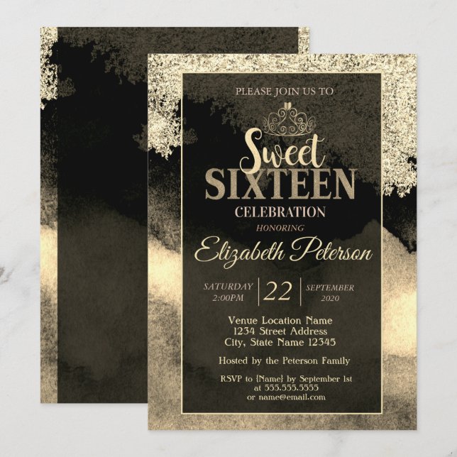 Invitation Elégant Chic Gold Tiara, Frame Sweet 16 Party (Devant / Derrière)