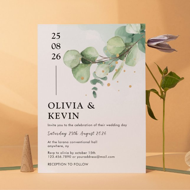 Invitation Élégant Chic Green Eucalyptus Mariage or accents (Créateur téléchargé)