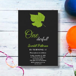 Invitation Élégant Chic Green Fall Feuilles Noir 1er annivers
