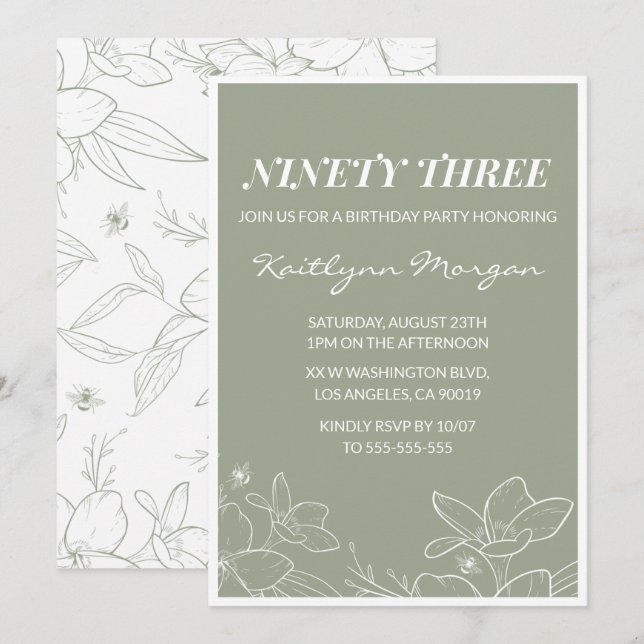 Invitation Elegant Chic Green Floral 93e anniversaire invitat (Devant / Derrière)
