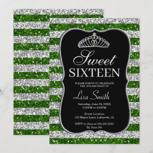 Invitation Elégant Chic Green Parties scintillant en argent T