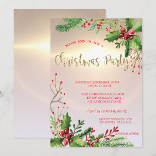Invitation Elegant Chic Holly Berries Company Fête de Noël