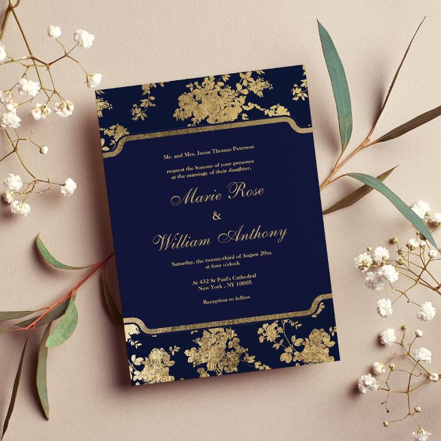 Invitation Elégant chic marine bleu faux or Mariage floral (Elegant chic navy blue faux gold floral Wedding Invitation)