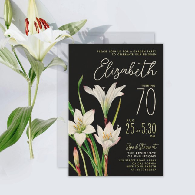 Invitation Élégant Chic noir blanc Lily 70e anniversaire Flor (Créateur téléchargé)