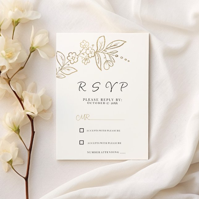 Invitation Elégant chic or blanc simple floral RSVP (Elegant chic white gold simple floral RSVP )