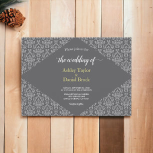 Invitation Élégant Chic Ornate Damask Gris Mariage officiel