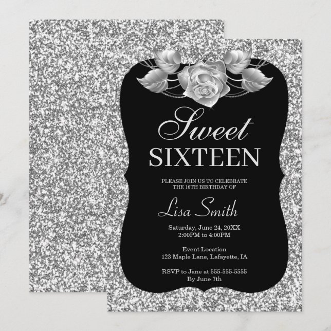 Invitation Elégant Chic Parties scintillant Argent Rose doux  (Devant / Derrière)