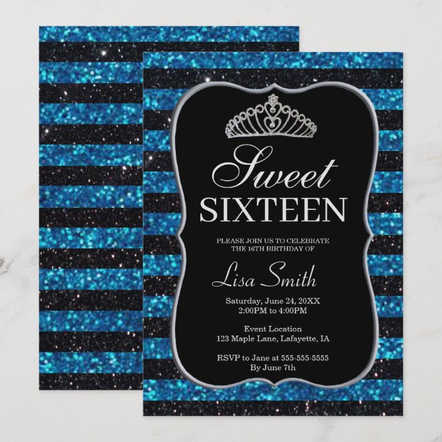 Invitation Élégant Chic Parties scintillant Bleu Noir Tiara S (Devant / Derrière)
