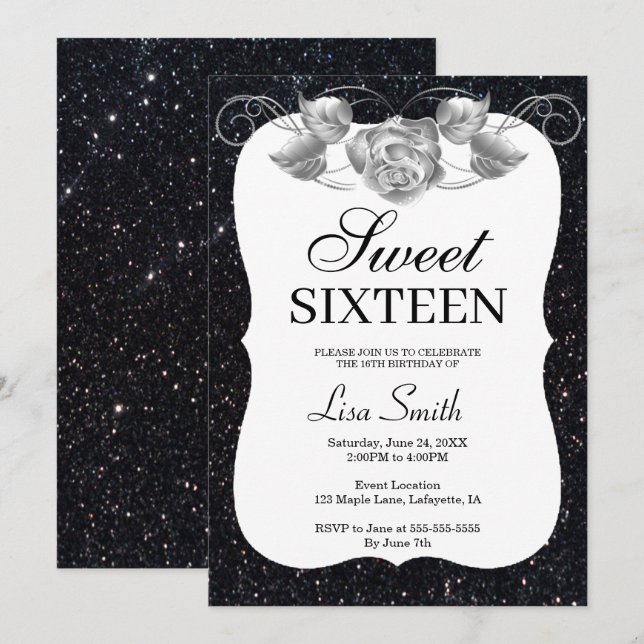Invitation Elégant Chic Parties scintillant noire Rose argent (Devant / Derrière)