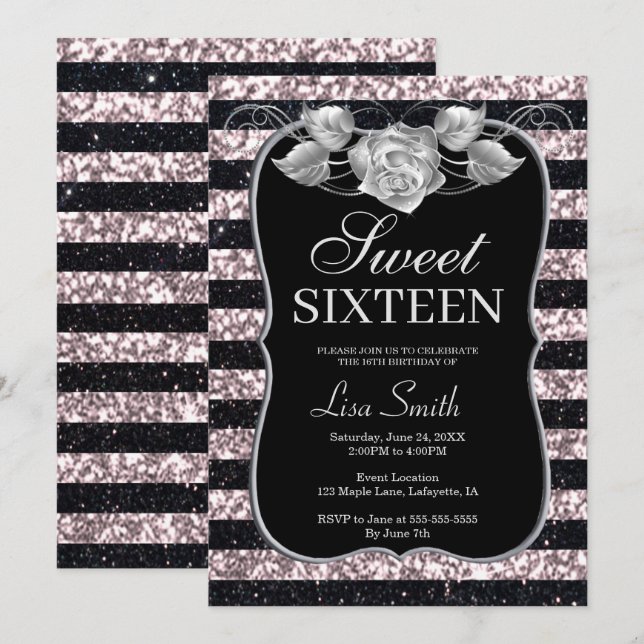 Invitation Élégant Chic Parties scintillant rose noire Rose S (Devant / Derrière)
