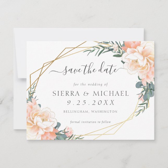 Invitation Élégant Chic Peach Cream Gold Floral Enregistrer l (Devant)