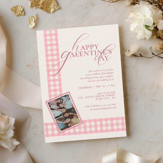 Invitation Elegant Chic Pink Check Typography Galentines Day (Créateur téléchargé)