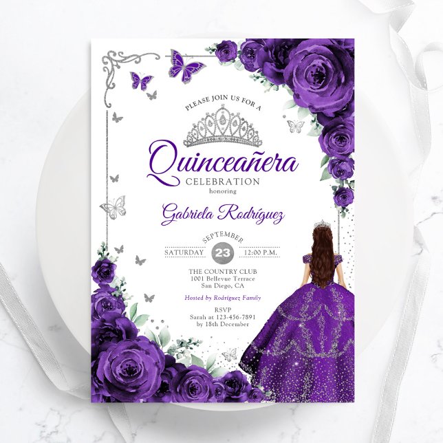 Invitation Élégant Chic Purple Silver Floral Quinceanera (Créateur téléchargé)
