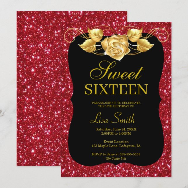Invitation Élégant Chic Red Parties scintillant Gold Rose Swe (Devant / Derrière)