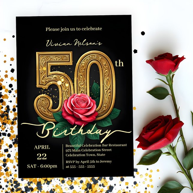 Invitation Elégant Chic Red Rose & Gold Numéro 50e anniversai (Créateur téléchargé)
