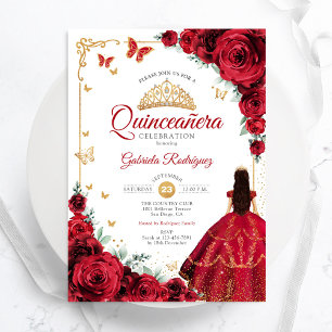 Invitation Elégant Chic Red Roses Gold Quinceanera