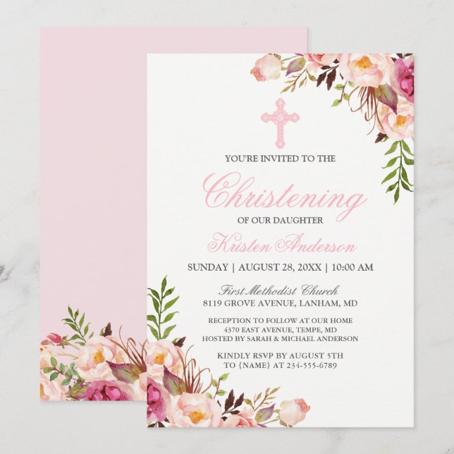 Invitation Élégant Chic Rose Floral Christening Baptême (Devant / Derrière)