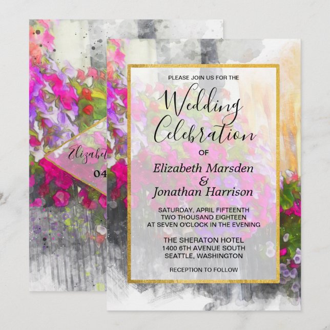 Invitation Élégant Chic Rose Florals Mariage Aquarelle (Devant / Derrière)