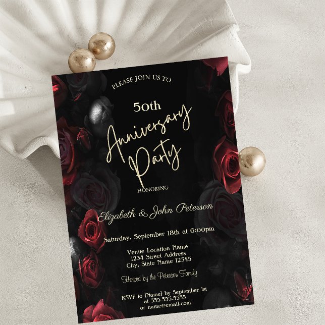 Invitation Elégant Chic Roses Rouges Noir Mariage Anniversair (Créateur téléchargé)