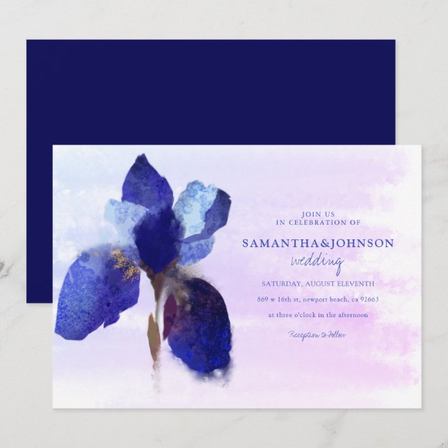 Invitation Élégant chic violet Iris Ombre Watercolor Mariage (Devant / Derrière)