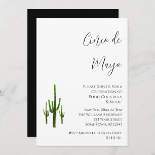 Invitation Elégant Cinco de Mayo Cactus noir blanc