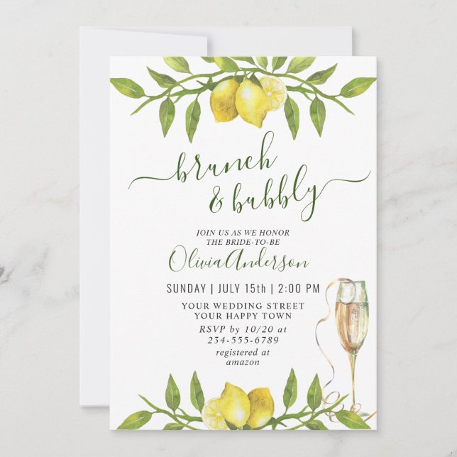 Invitation Elégant citrons aquarelle verdure BRUNCH & BUBBLY (Devant)