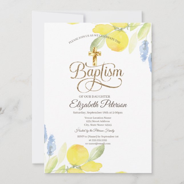 Invitation Elégant citrons d'aquarelle Gold Cross (Devant)