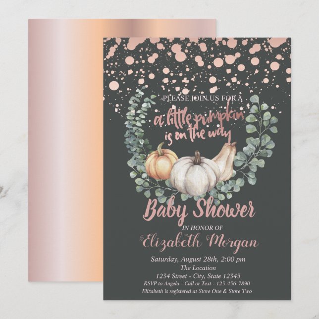 Invitation Élégant Citrouille, Feuille, Rose Baby shower or (Devant / Derrière)