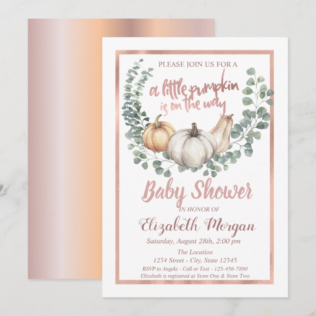 Invitation Elégant Citrouille, Feuilles, Frame Rose Baby show (Devant / Derrière)