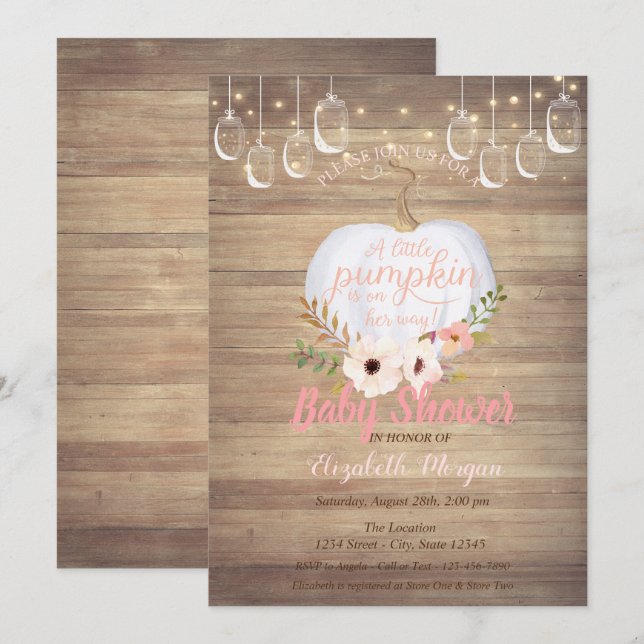 Invitation Elégant Citrouille, Floral, Baby shower de texture (Devant / Derrière)