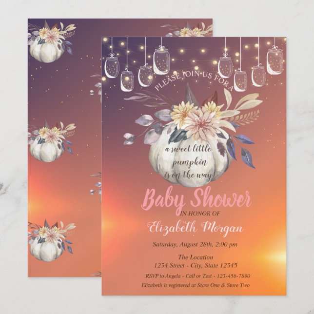 Invitation Élégant Citrouille Floral, Lumières, Baby shower (Devant / Derrière)