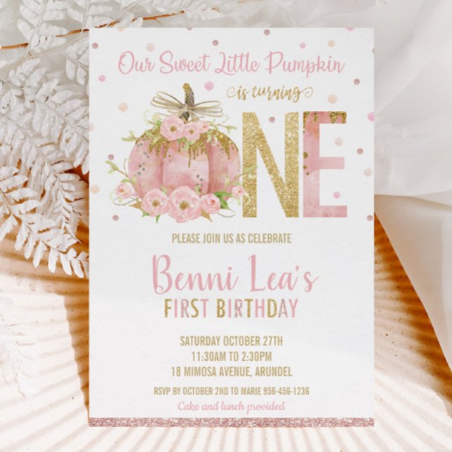 Invitation Élégant Citrouille rose 1er anniversaire une fille (sweet-pink-pumpkin-rose-gold-blush-pink-floral-1st-first-birthday-party-one-invitation-cards-digital)